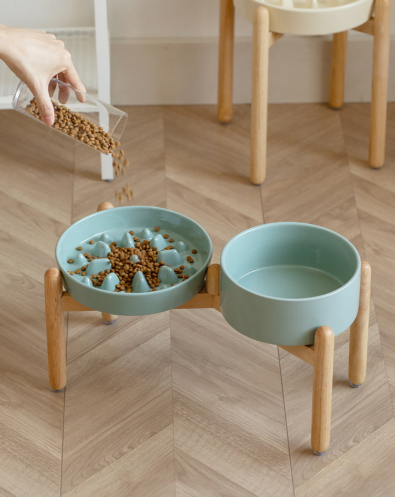Ceramic Slow Feeder & Water Bowls with Wooden Stand