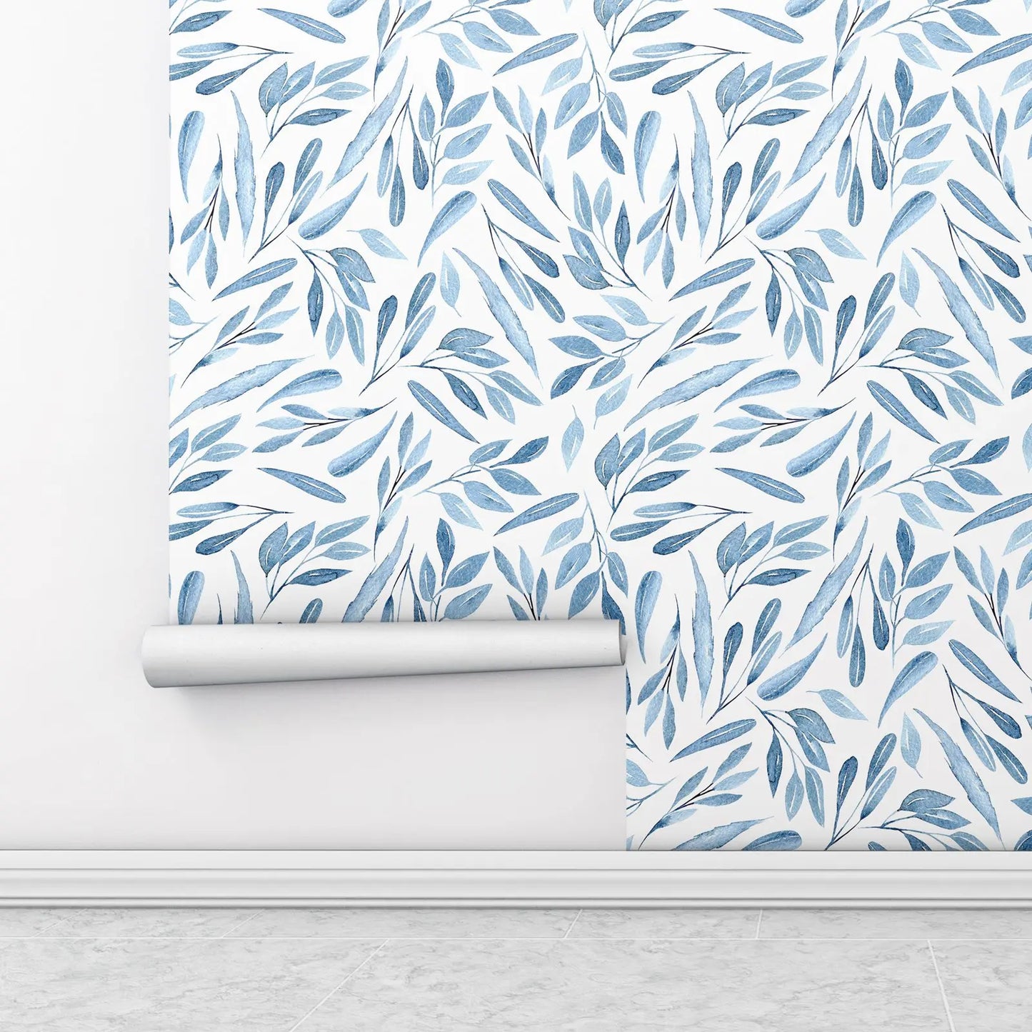 Blue Watercolor Leaves Peel and Stick Wallpaper
