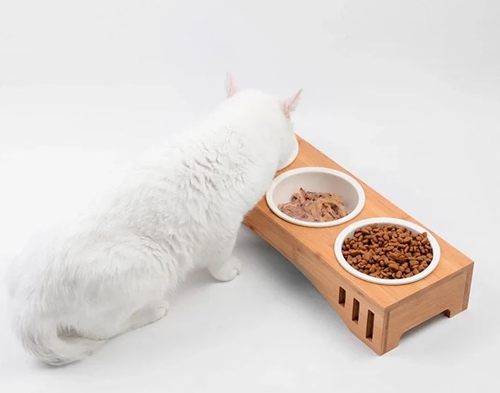 Wooden Food Holder + Ceramic Detachable Bowls