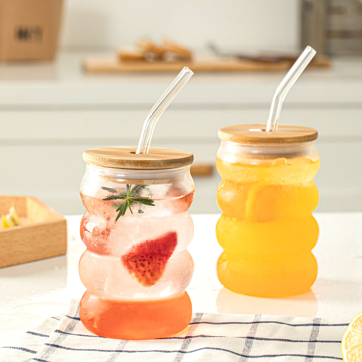 Wavey Glass Cup with Wooden Lid and Straw