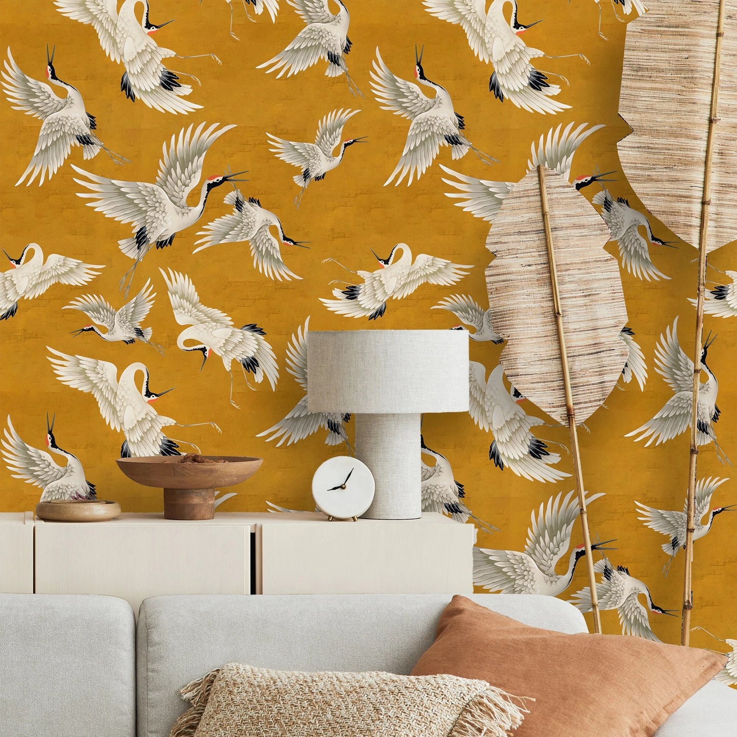 Orange Crane Bird Chinoiserie Peel and Stick Wallpaper