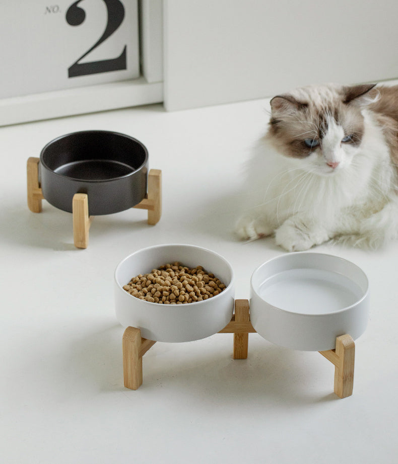 Classic Ceramic Bowls with Wooden Stands
