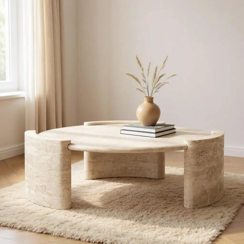 Beige Travertine Round Coffee Table