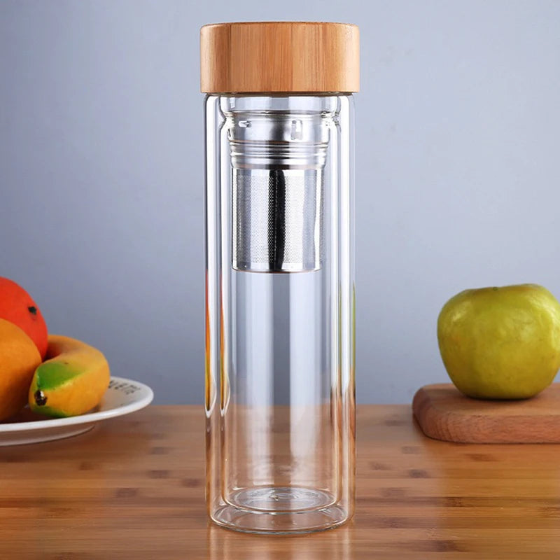Glass Tea Bottle with Wooden Lid and Metal Filter