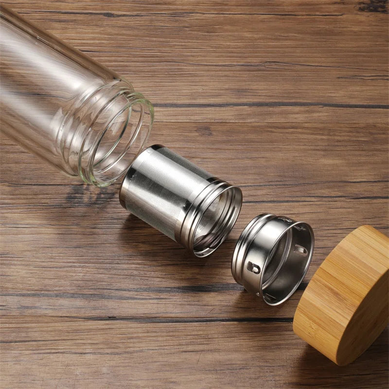 Glass Tea Bottle with Wooden Lid and Metal Filter