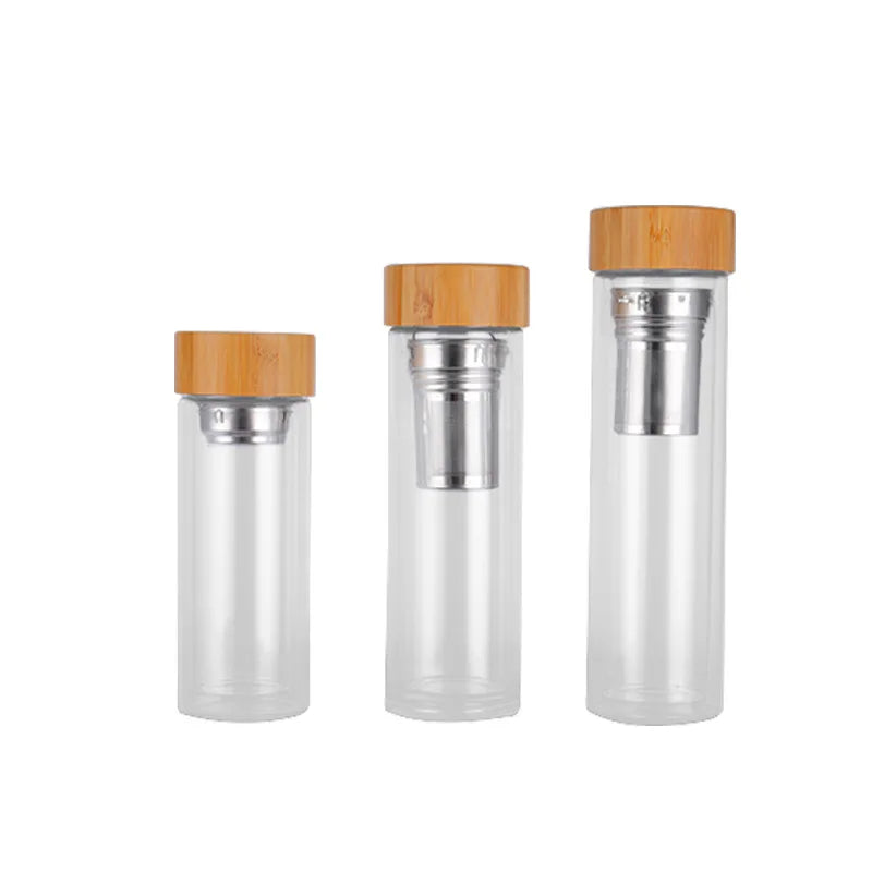 Glass Tea Bottle with Wooden Lid and Metal Filter