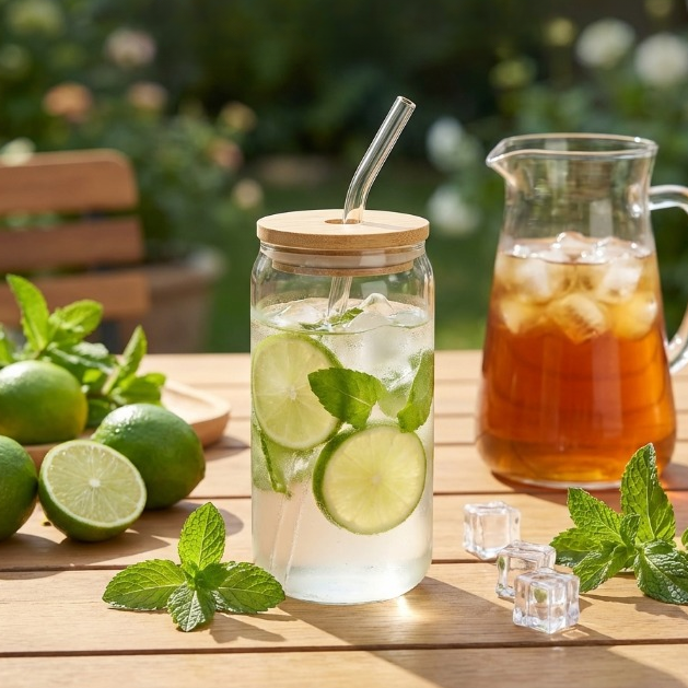 Glass Cup with Wooden Lid and Straw