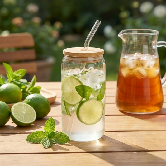 Glass Cup with Wooden Lid and Straw