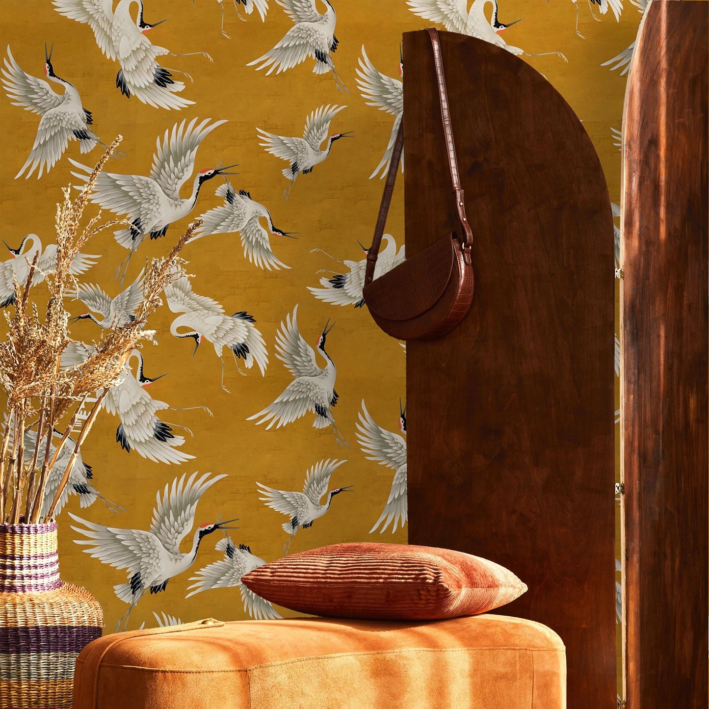 Orange Crane Bird Chinoiserie Peel and Stick Wallpaper