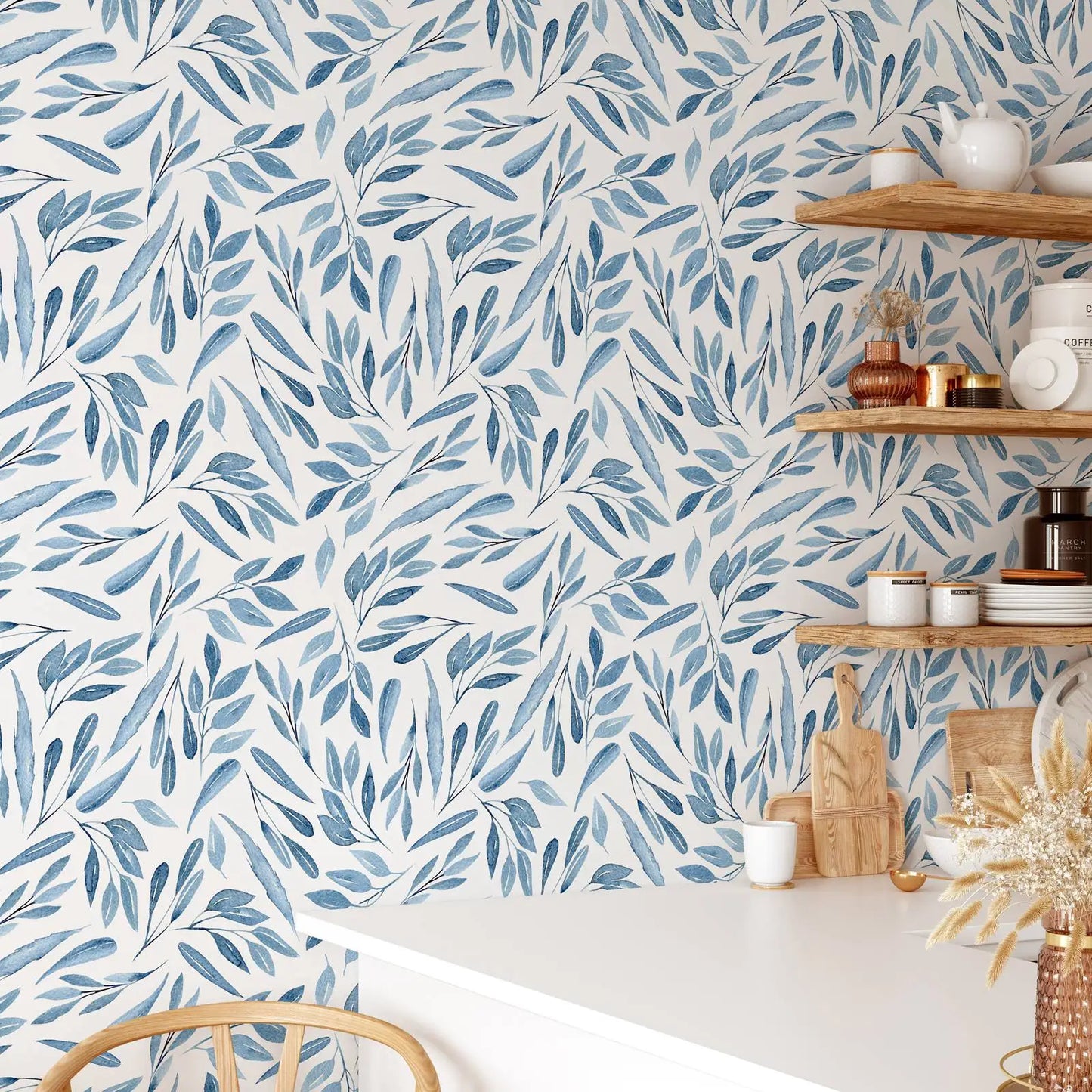 Blue Watercolor Leaves Peel and Stick Wallpaper