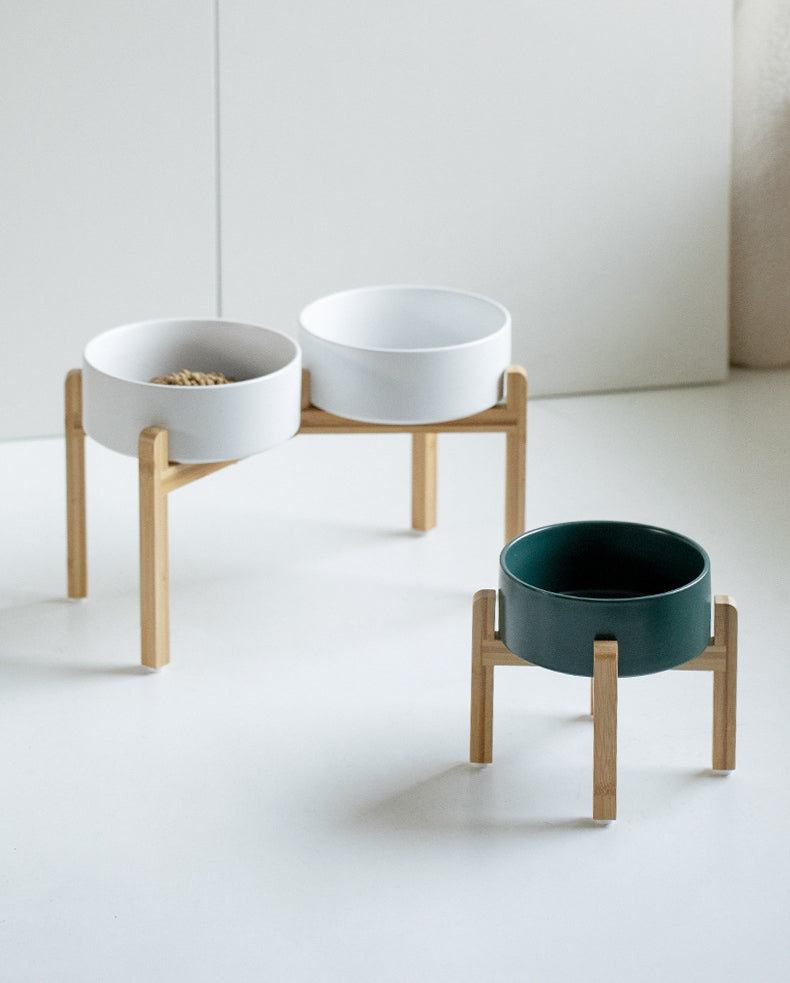 Classic Ceramic Bowls with Wooden Stands
