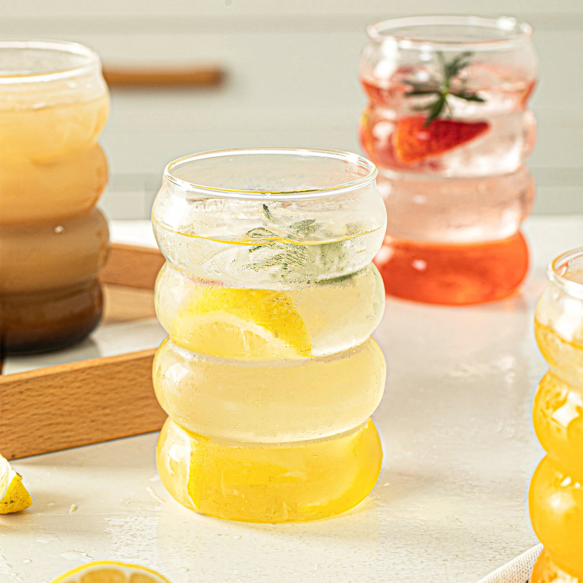 Wavey Glass Cup with Wooden Lid and Straw