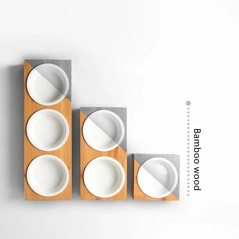 Wooden Food Holder + Ceramic Detachable Bowls