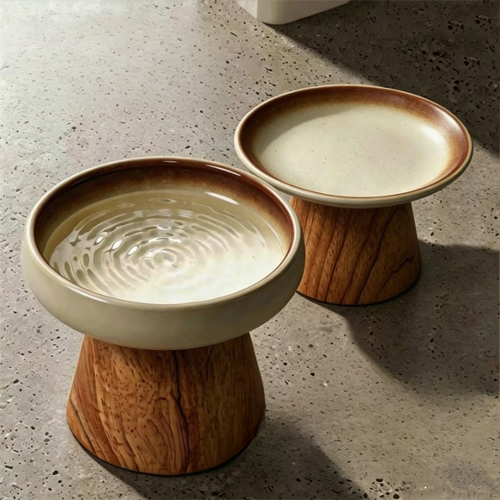 Elevated Ceramic Bowl with Wood Stand