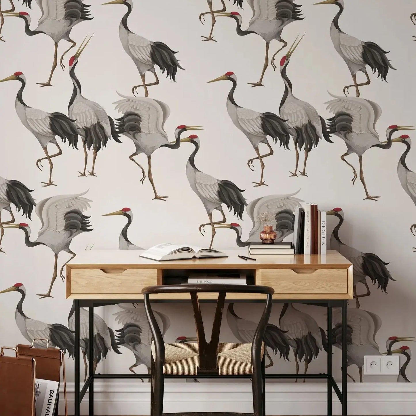 White Herons Bird Chinoiserie Peel and Stick Wallpaper