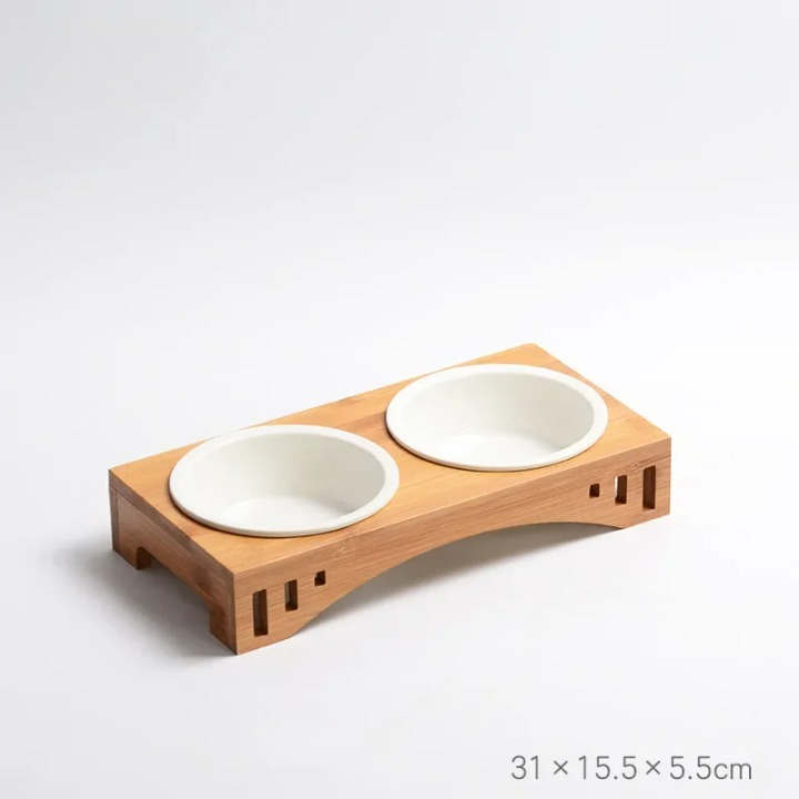 Wooden Food Holder + Ceramic Detachable Bowls