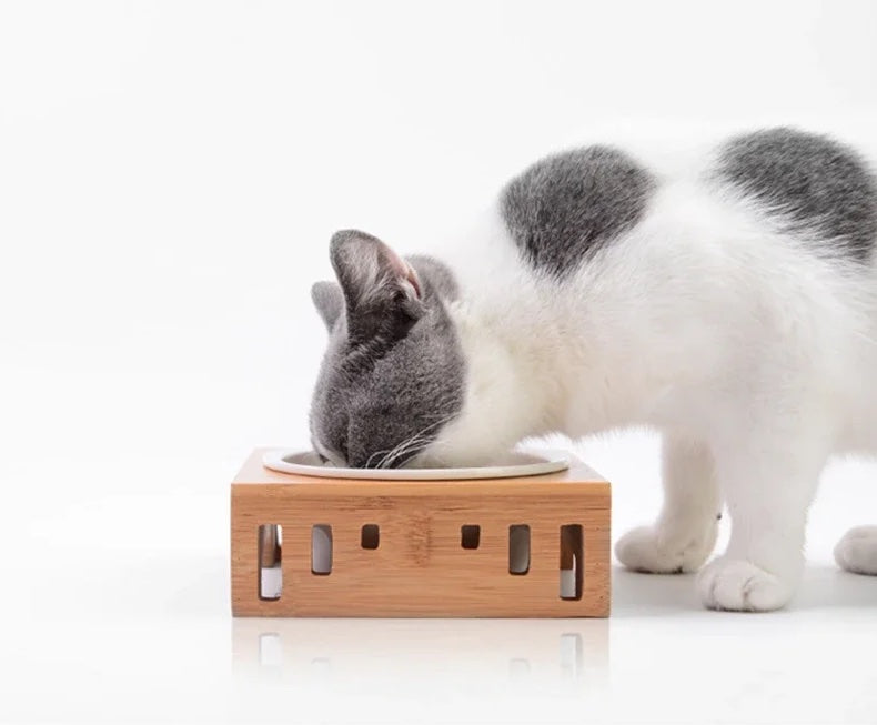 Wooden Food Holder + Ceramic Detachable Bowls