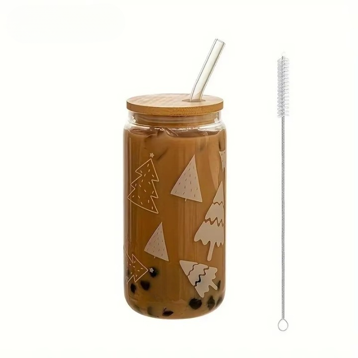 Christmas Glass Cup with Wooden Lid and Straw