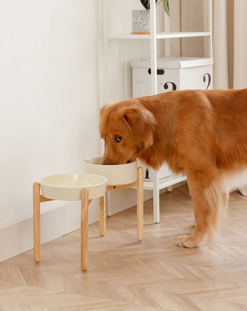 Ceramic Slow Feeder & Water Bowls with Wooden Stand