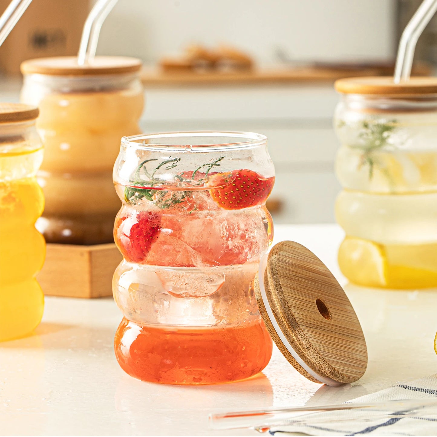 Wavey Glass Cup with Wooden Lid and Straw