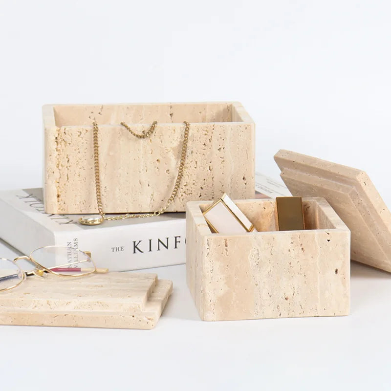 Travertine Style Stone Storage Boxes