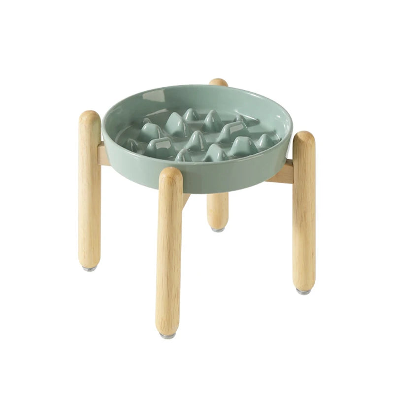 Ceramic Slow Feeder & Water Bowls with Wooden Stand