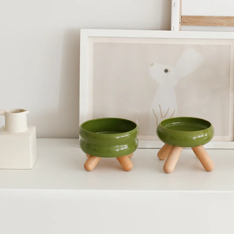 Artistic Form Ceramic Bowls with Wooden Stands