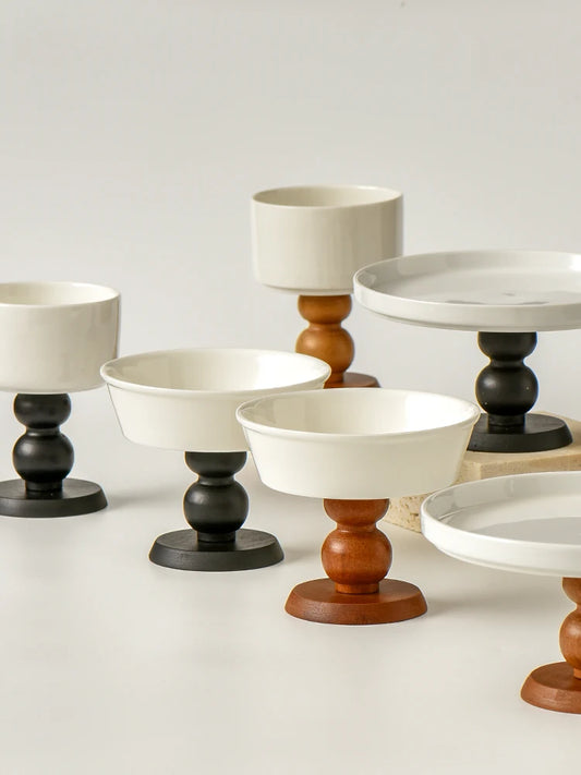 Ceramic Dessert Bowls with Wooden Base