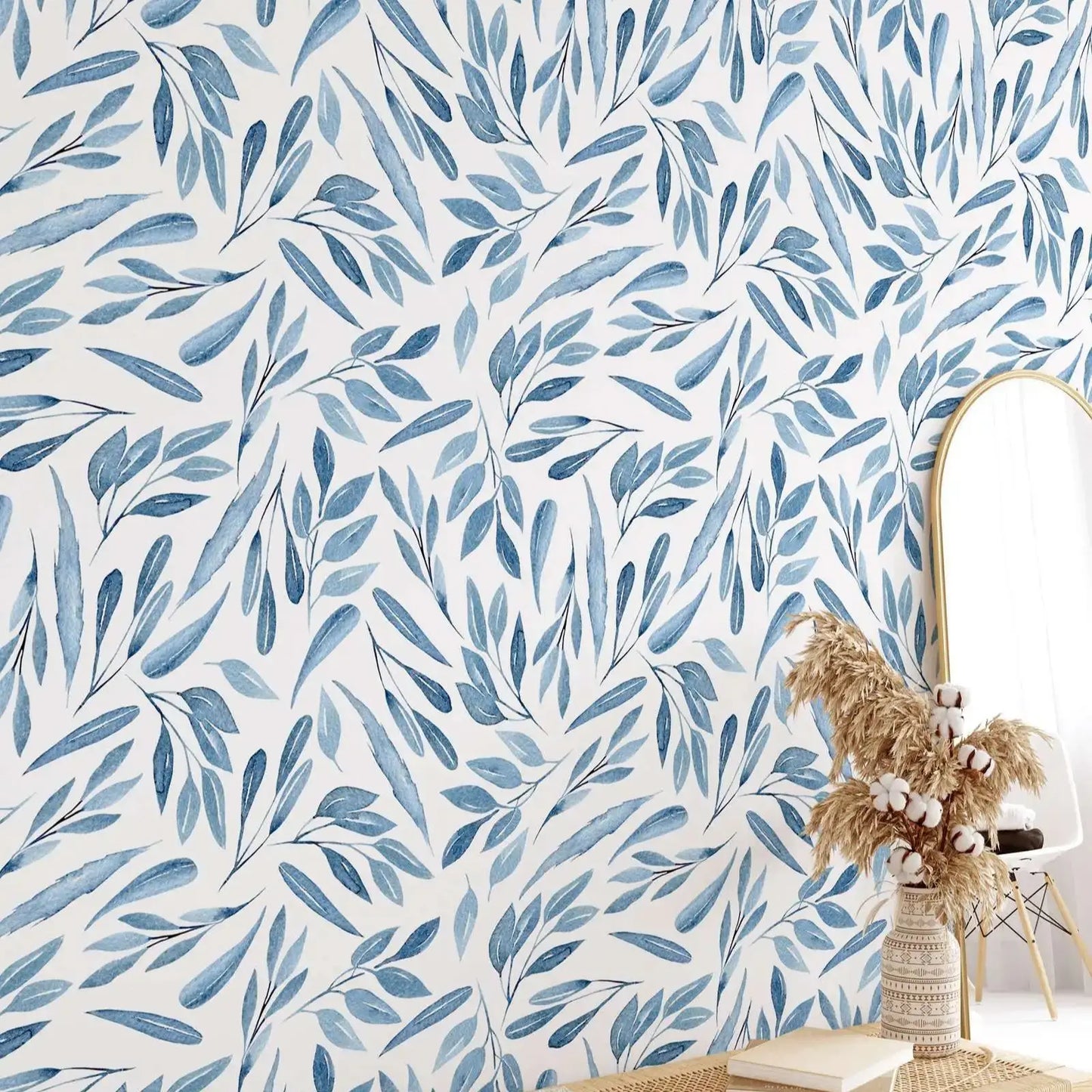 Blue Watercolor Leaves Peel and Stick Wallpaper