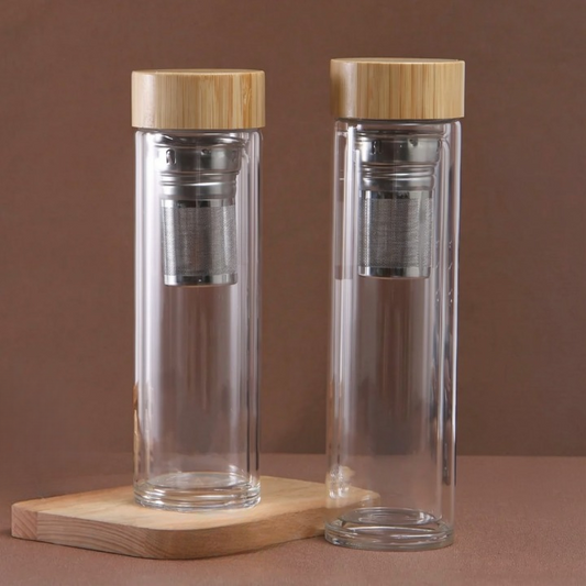 Glass Tea Bottle with Wooden Lid and Metal Filter