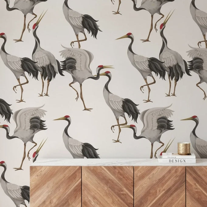 White Herons Bird Chinoiserie Peel and Stick Wallpaper