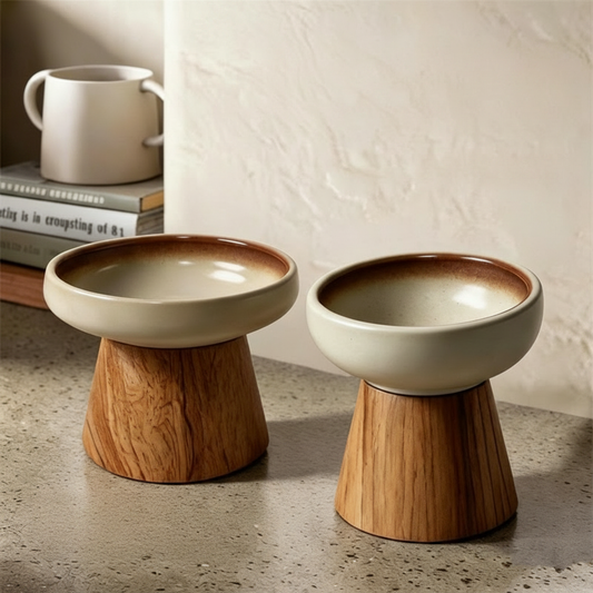 Elevated Ceramic Bowl with Wood Stand