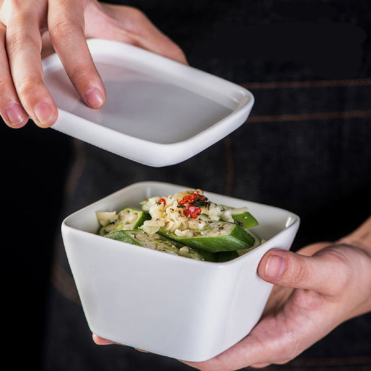 White Ceramic Square Bowl with Ceramic Lid